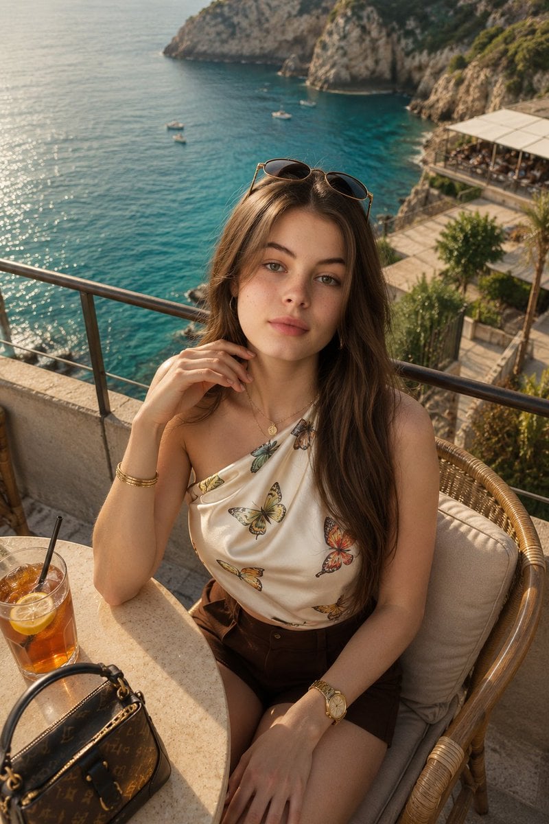 Woman at Luxury Seaside Cafe