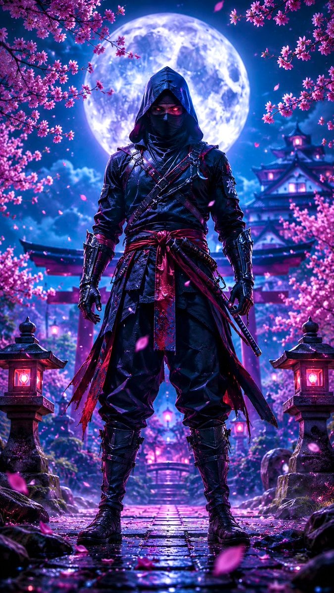 Ninja in Moonlit Japanese Garden