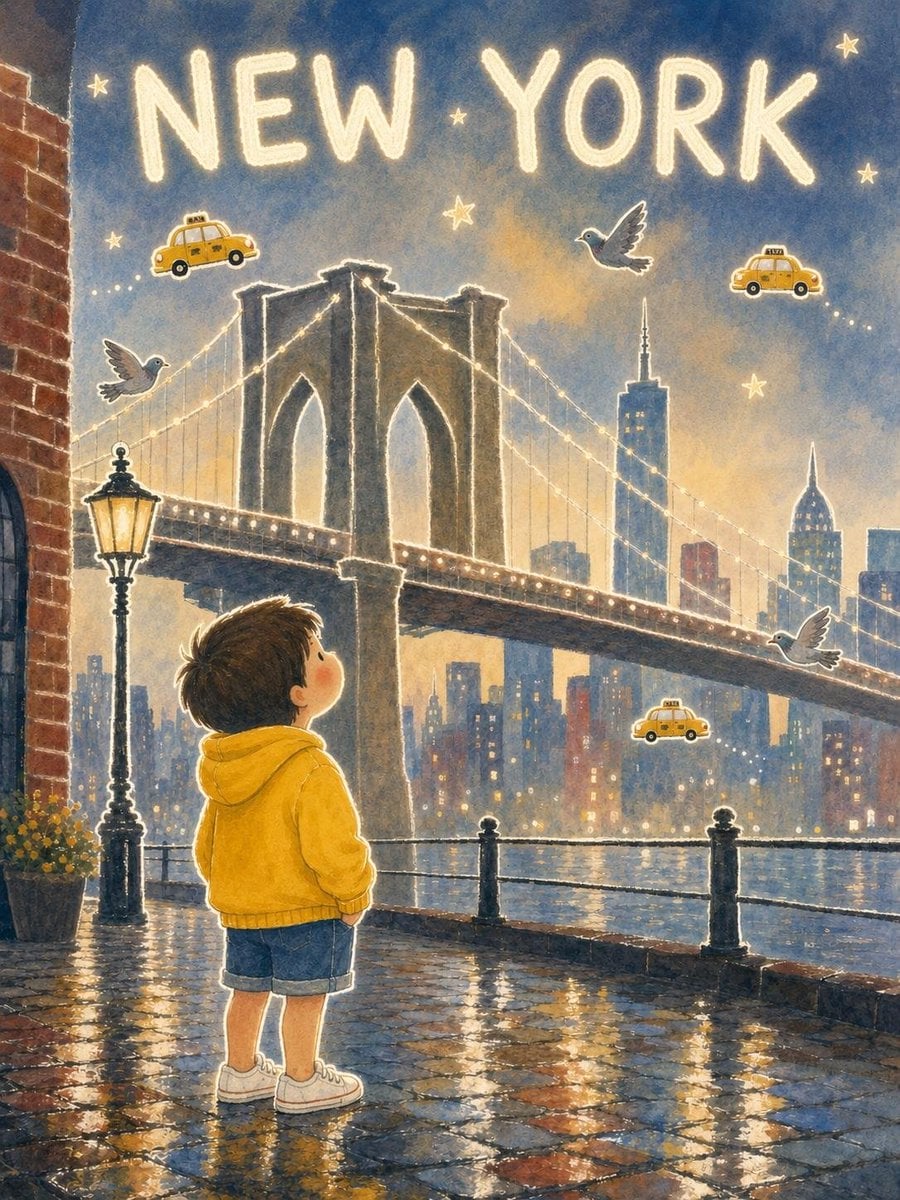 Child at Brooklyn Bridge in Drawing Style