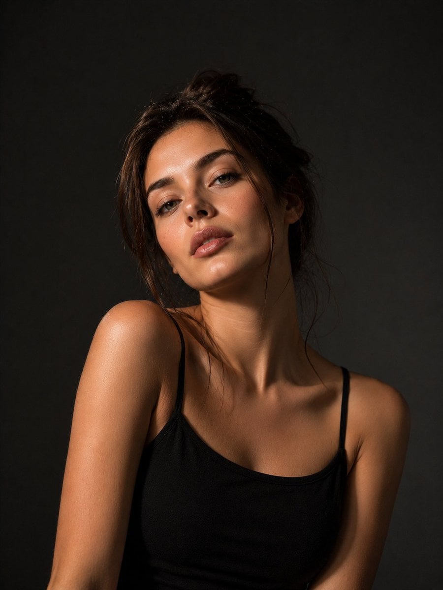 Photorealistic editorial portrait of a European woman
