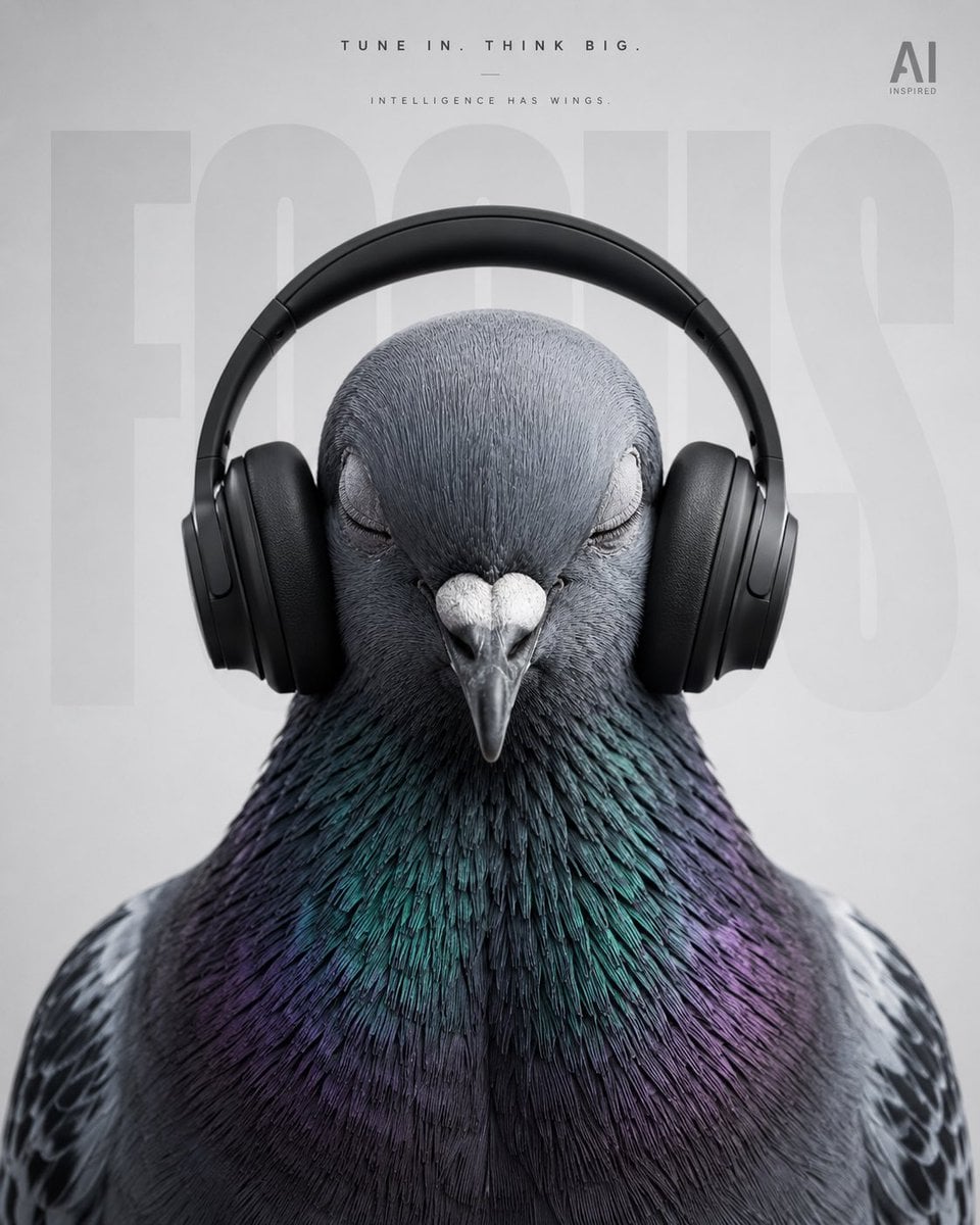 Majestic Pigeon in Headphones Advertising Poster
