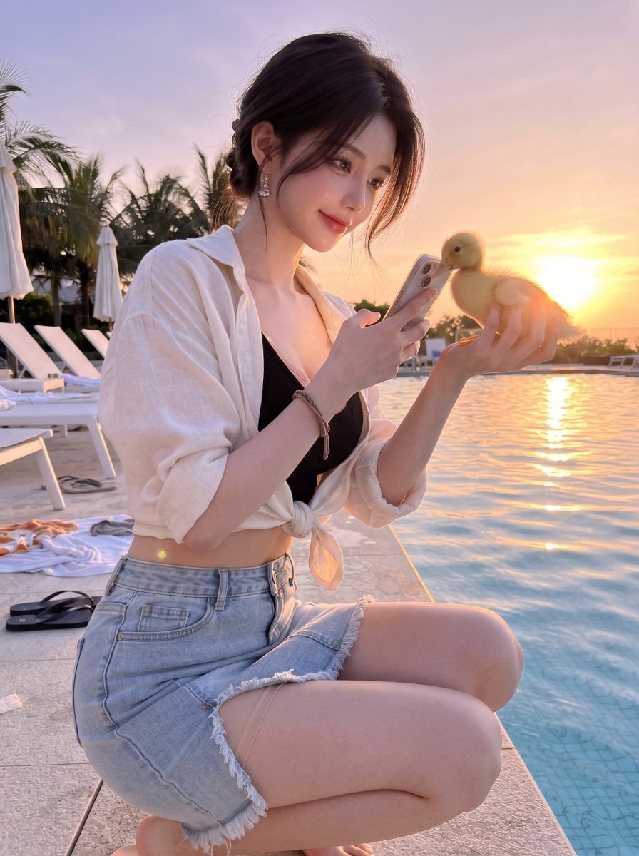 Woman with duckling by pool at dusk