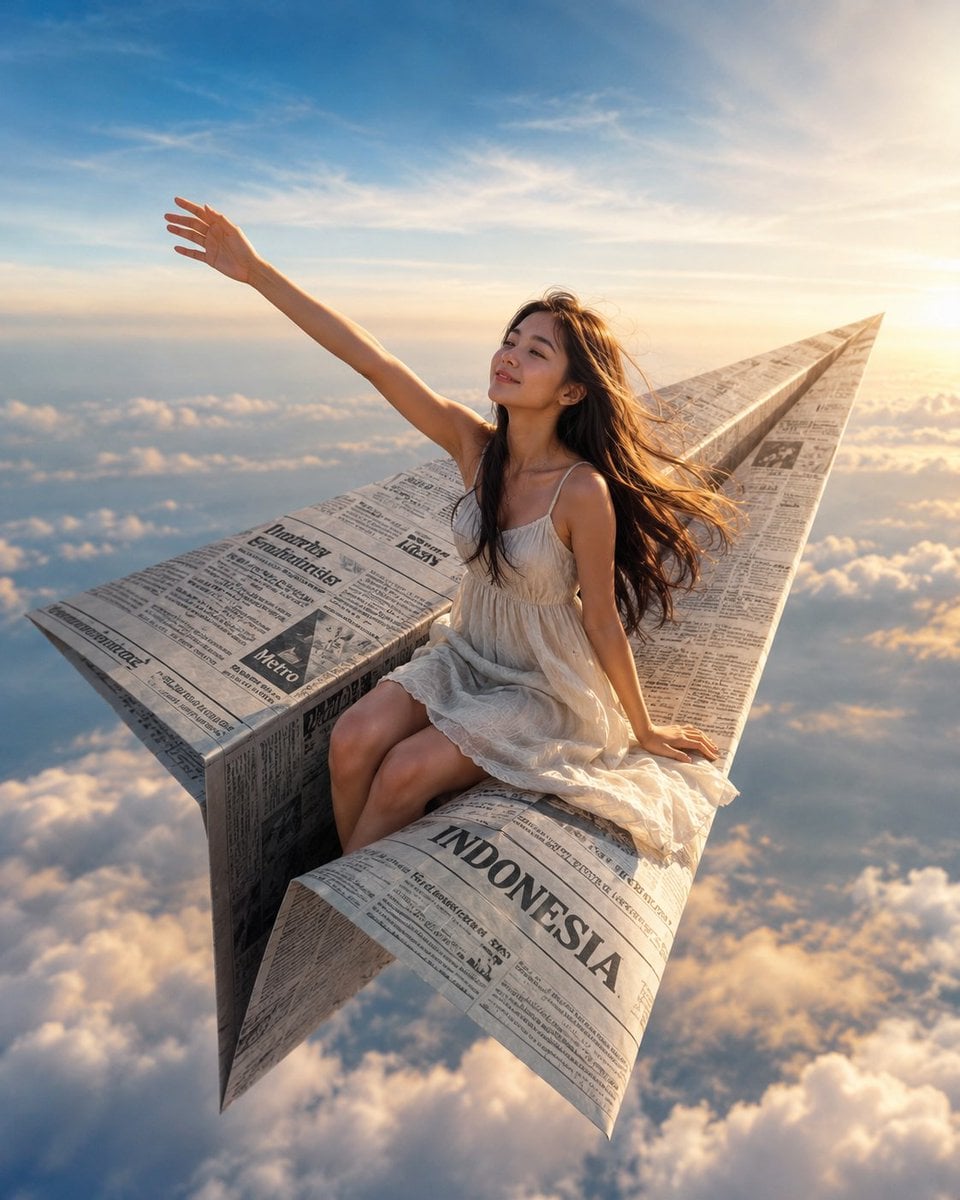 Indonesian woman on newspaper airplane over ocean