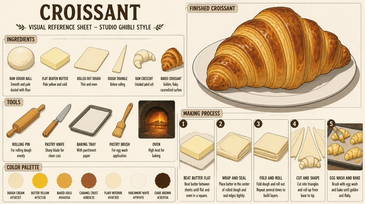 Ghibli-style Croissant Visual Reference Sheet