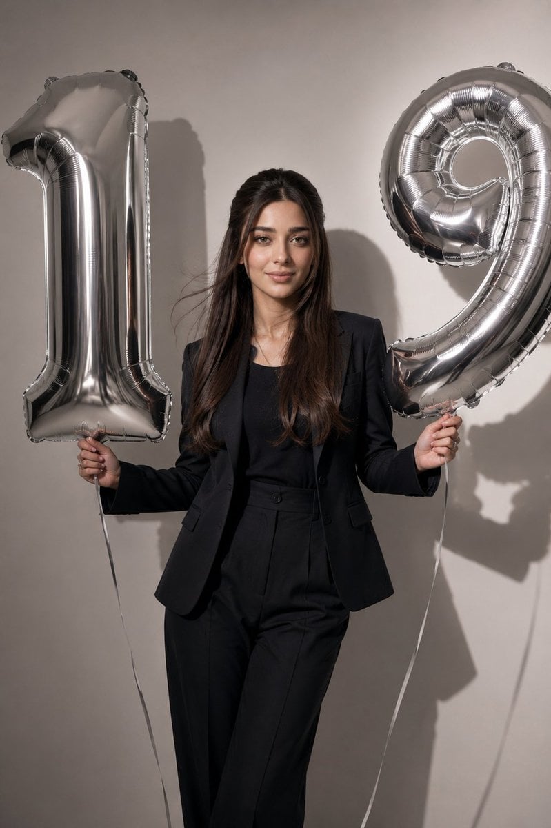Stylish Woman with Silver Foil Balloons