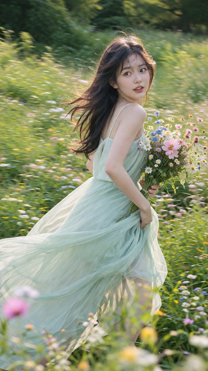 Young woman in summer dress in meadow