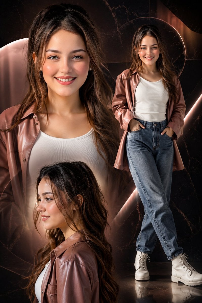Realistic collage poster of a woman in modern outfit