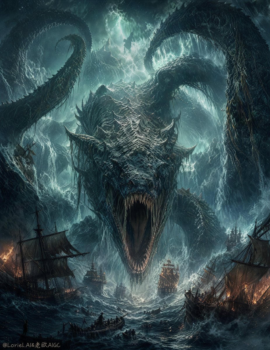 Ocean Horror Poster with Tiny Boat