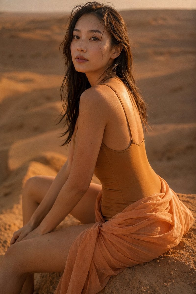 Japanese Woman in Desert at Golden Hour