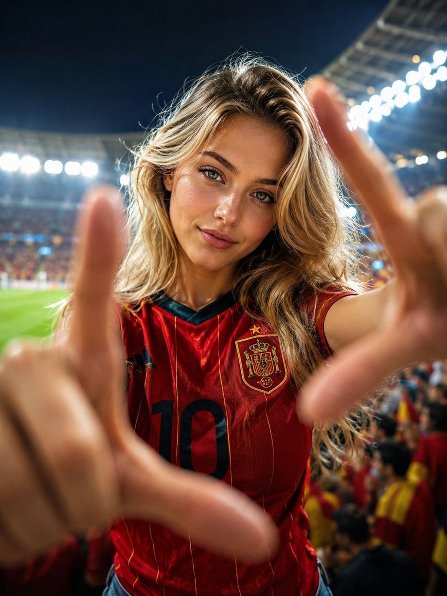 Female Football Fan in Night Stadium Portrait