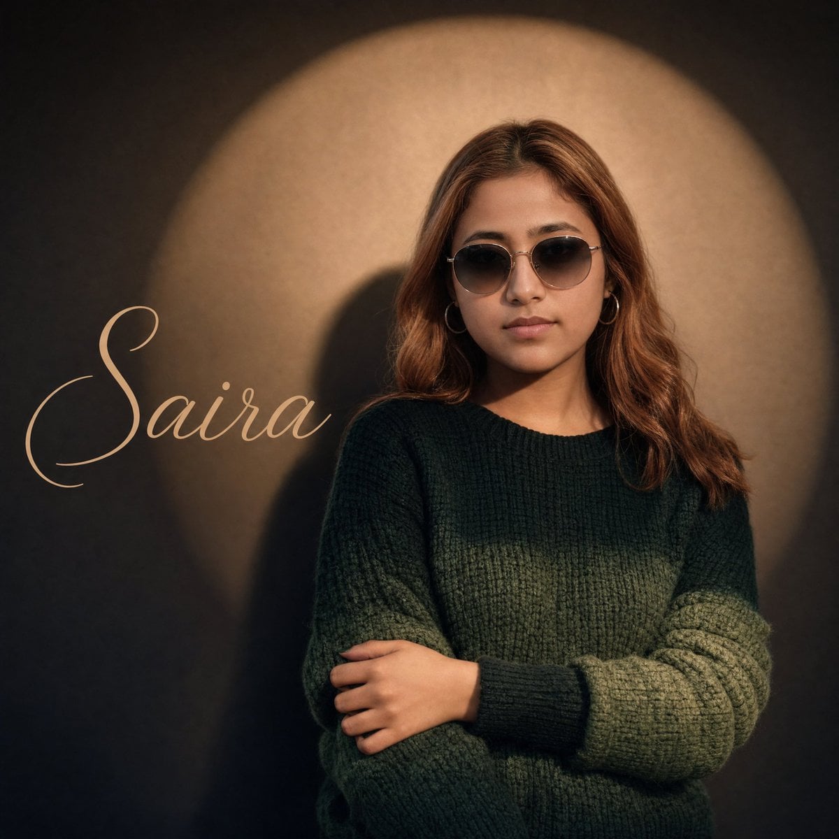Cinematic portrait of Saira in green sweater