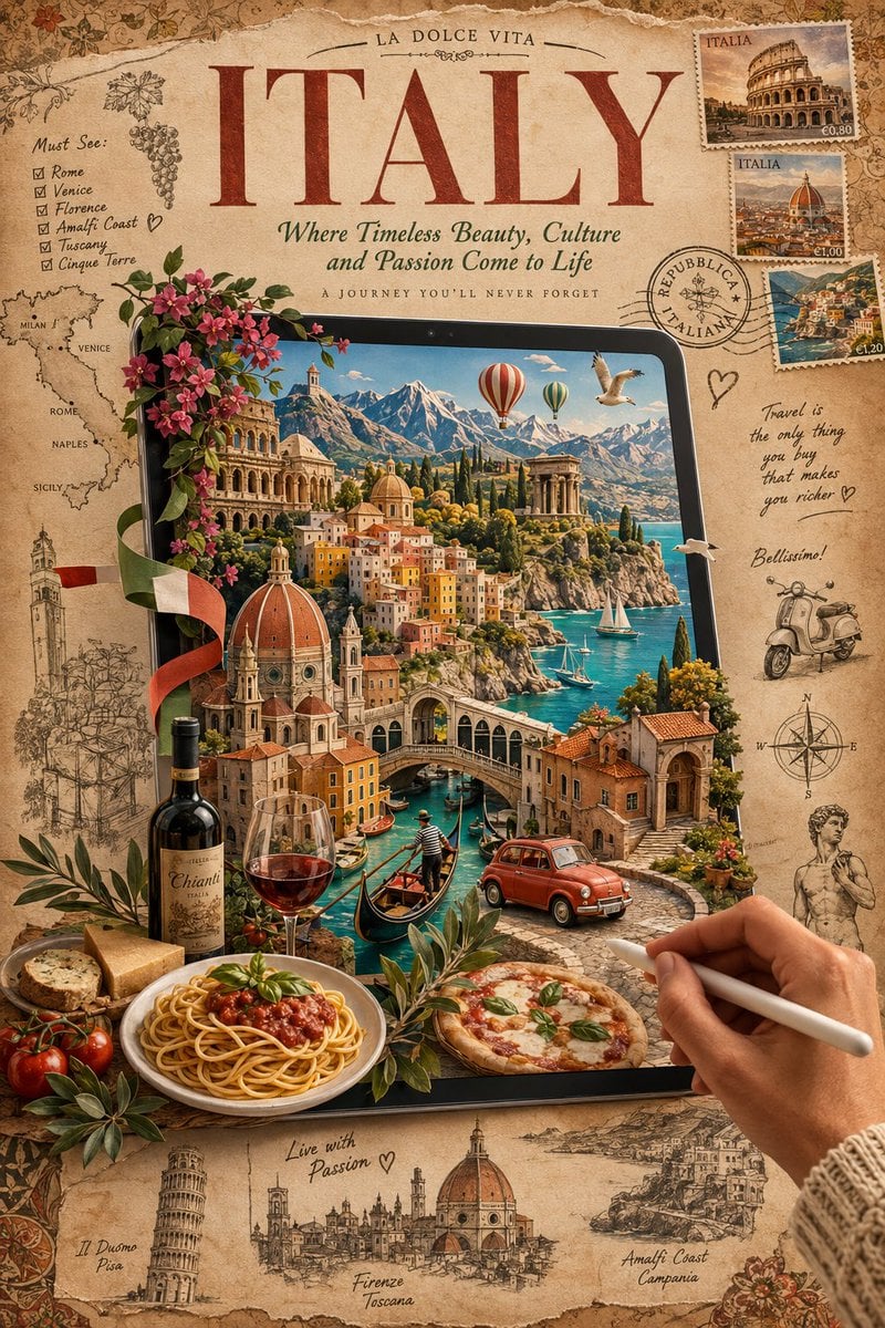 Vintage Travel Poster with 3D Papercraft Diorama