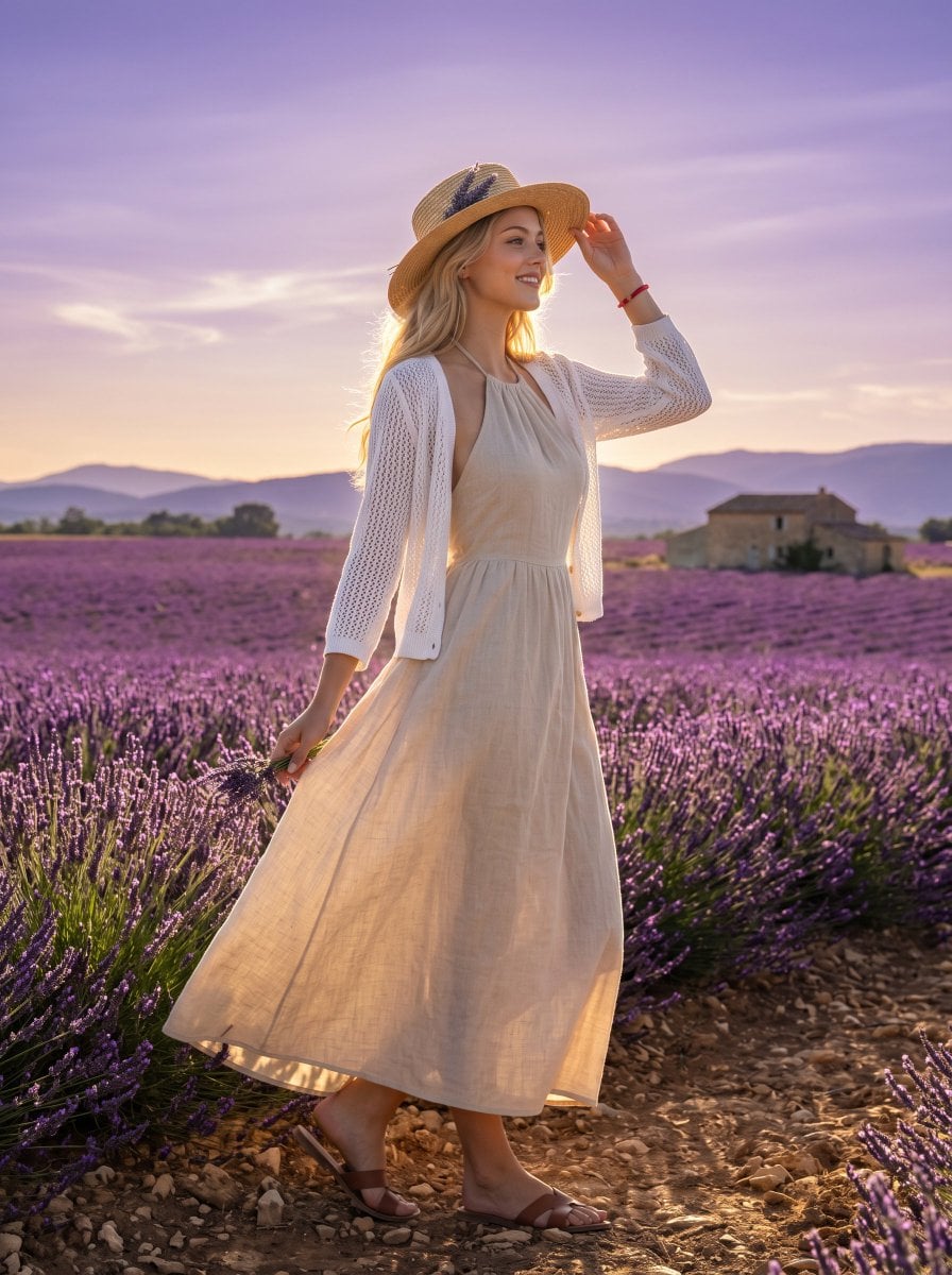 Character in Lavender Field at Twilight