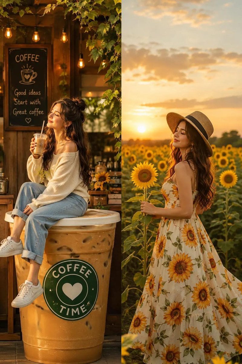 Woman on Coffee Cup in Sunflower Field
