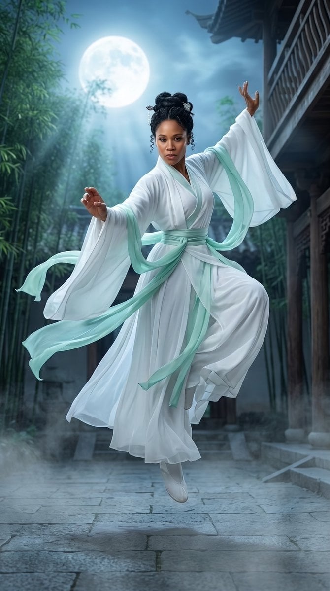 Wuxia Martial Arts Leap Under Moon