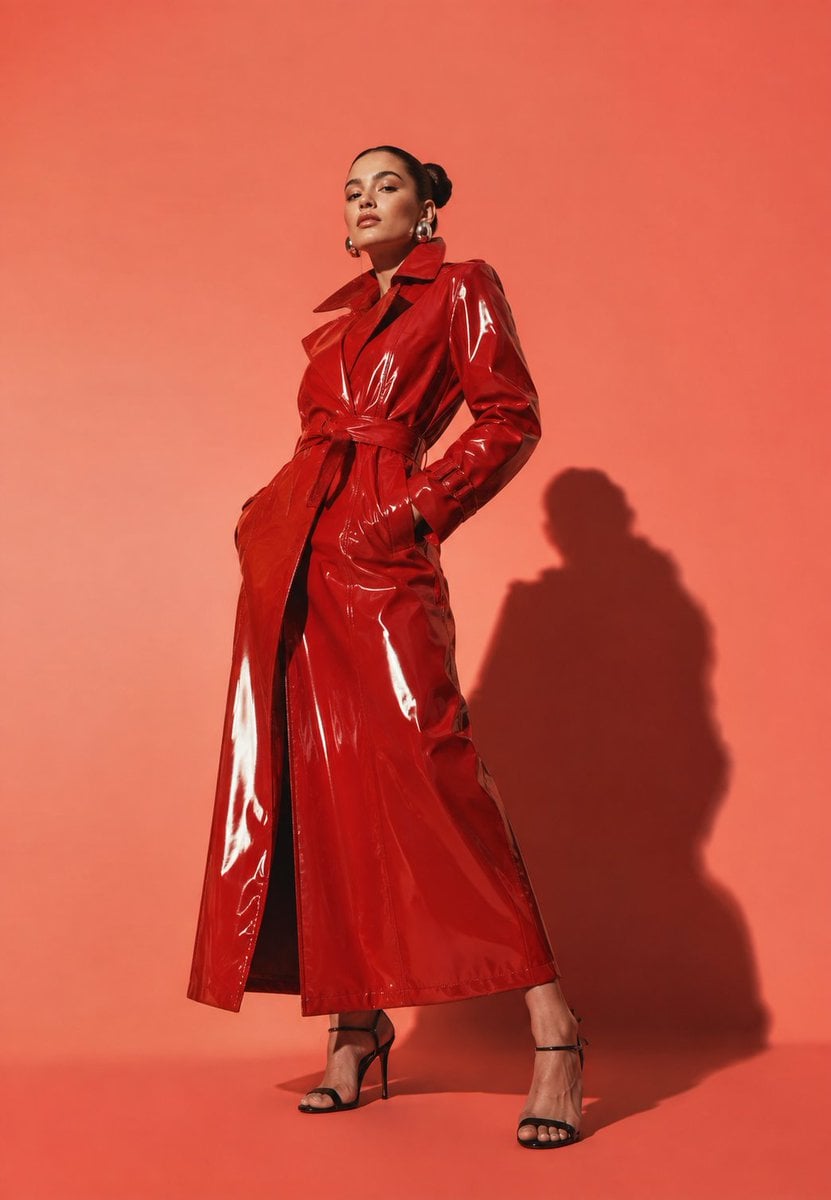 Woman in Red Patent Leather Trench Coat