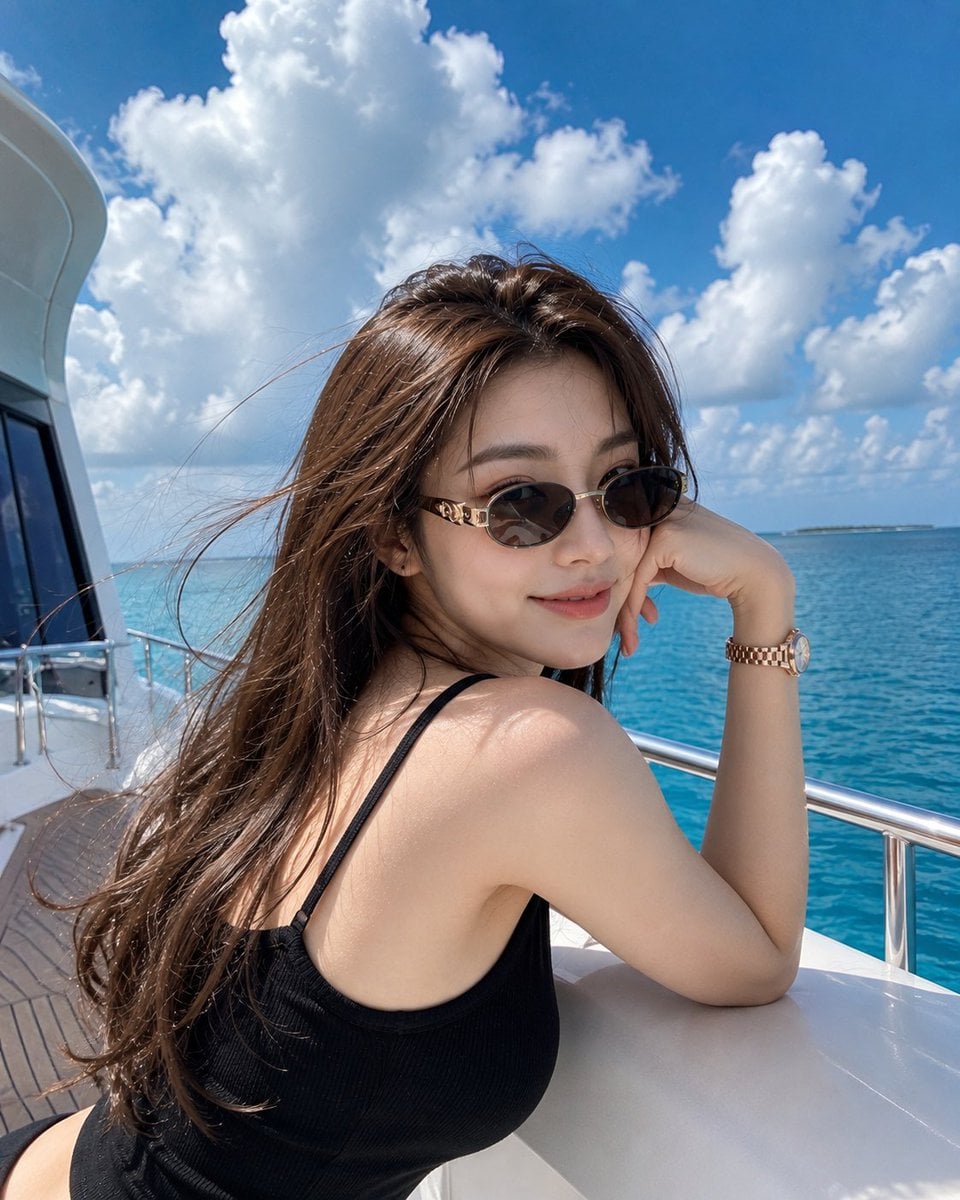 Woman on Luxury Yacht Overlooking Sea