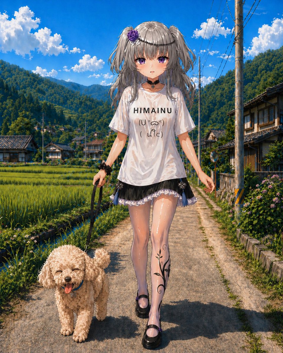 动漫乡村遛狗 T 恤场景