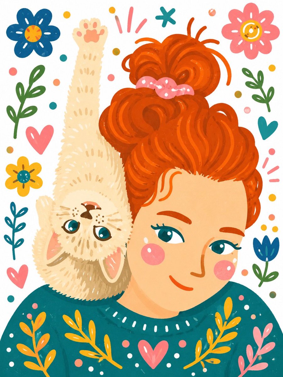 异想天开的手绘女孩与小猫插画