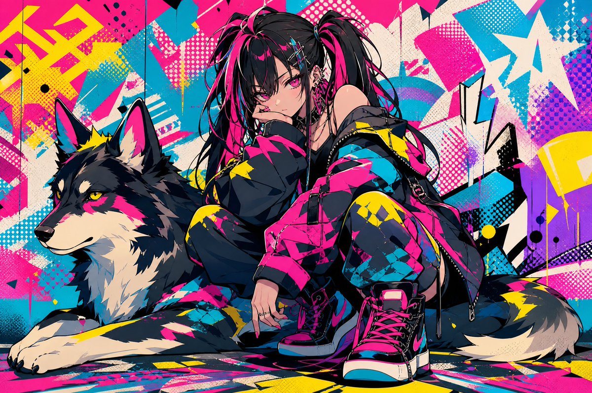 霓虹朋克少女与哈士奇