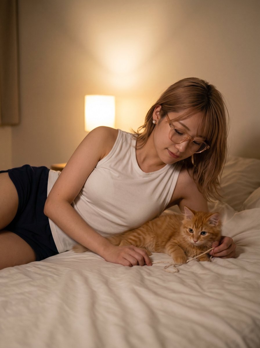 舒适睡前时光：女子与橘猫