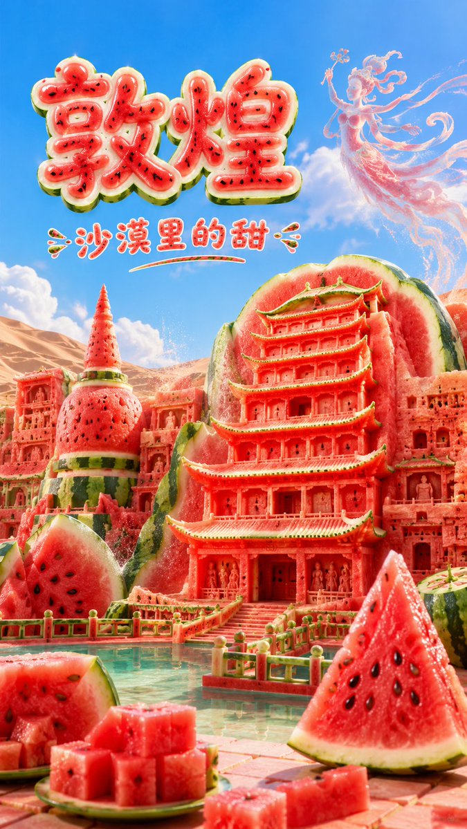 短文版提示词：
生成一张高传播感的 9:16 竖版「西瓜风格城市地标建筑」创意海报。

【用户输入】