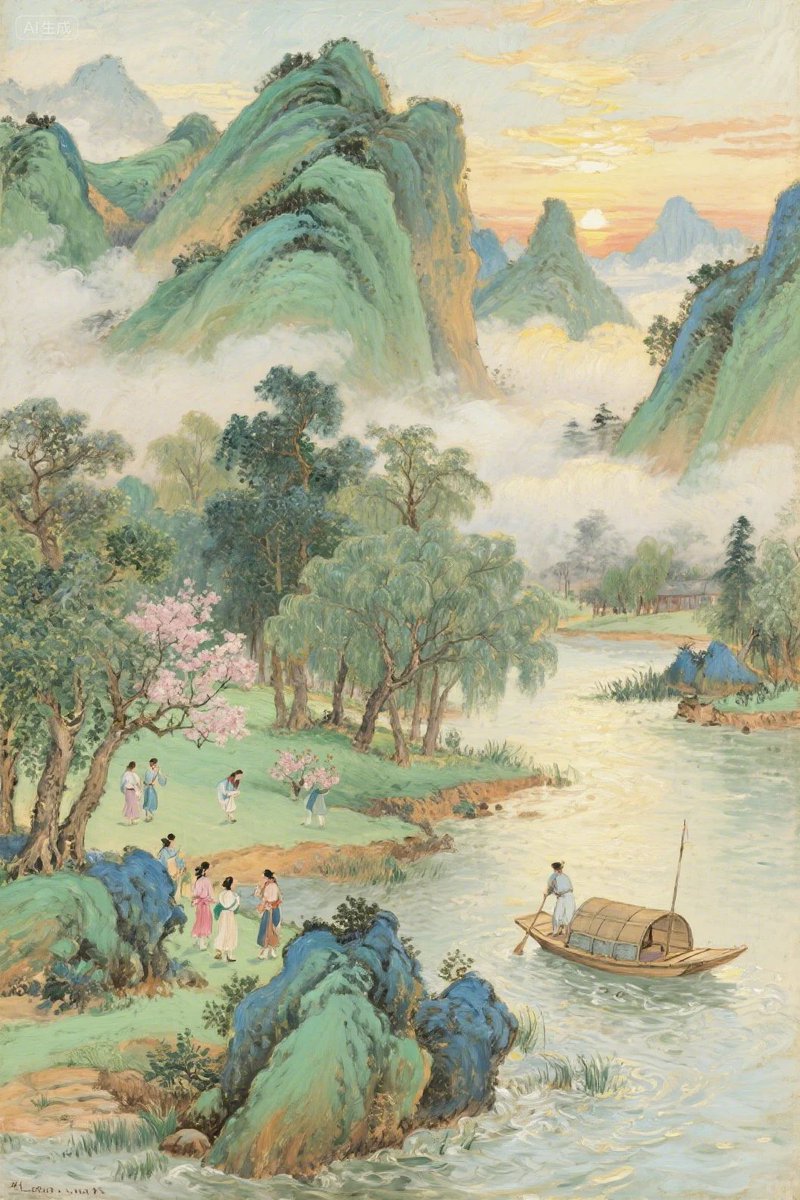 烟雨中国春日江景
