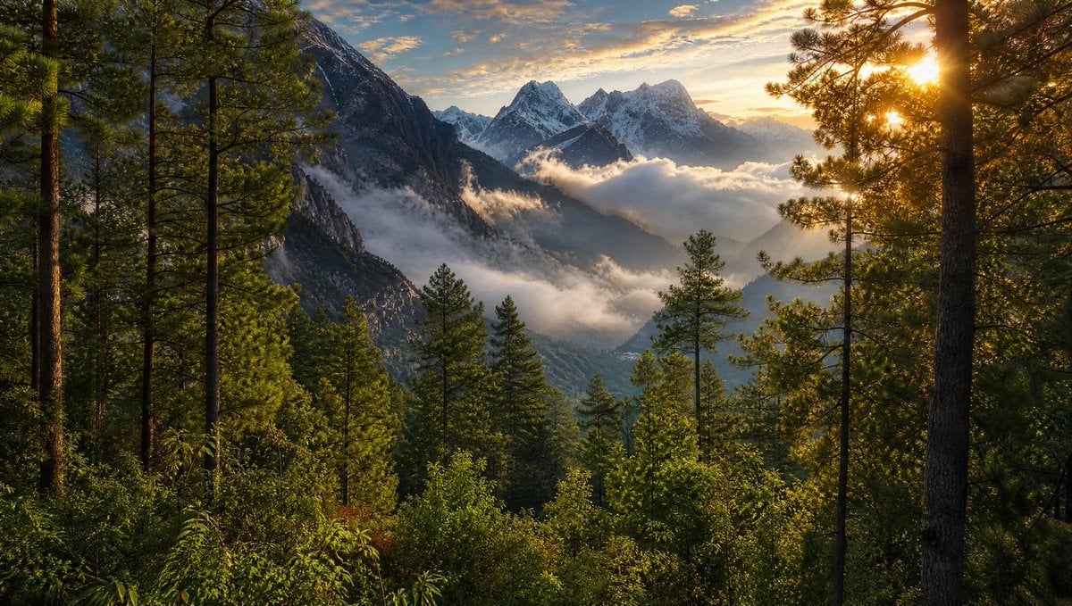 Different Images Of Misty Himalayan Peaks At Sunrise