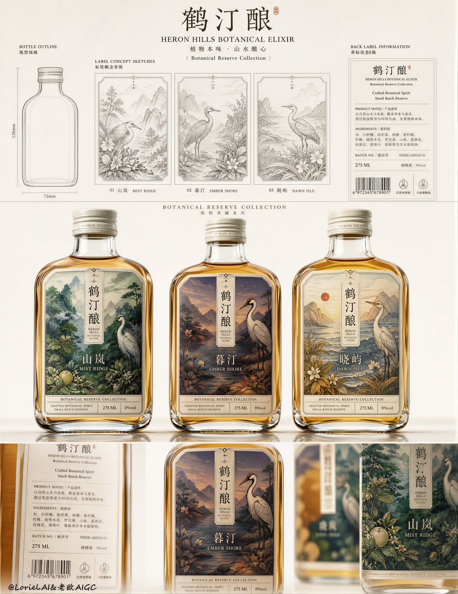 ™️商标不是标签上的一个小图，而是要在缩小到瓶盖、放大到海报时，依然一眼认出来。 ✦ One Simple Master Emblem: Heron Silho
