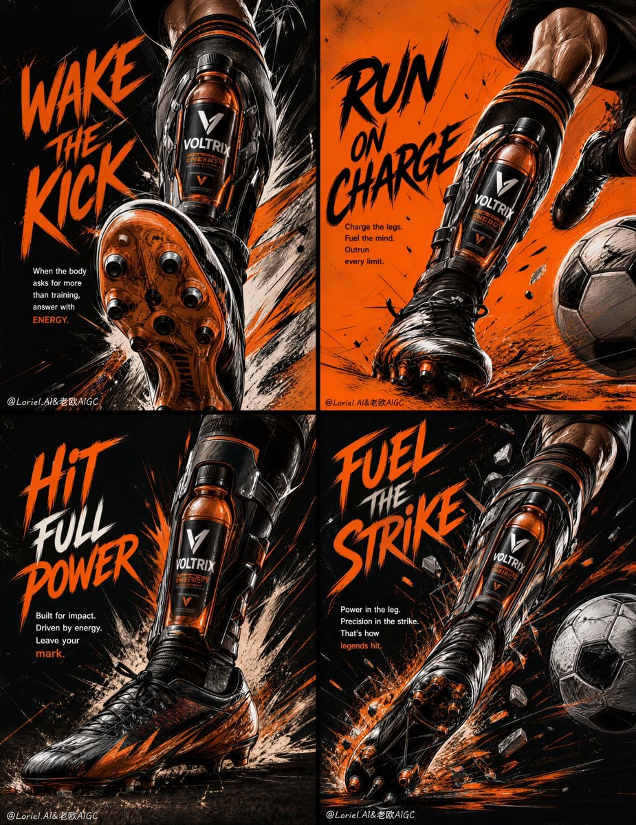 系列感不是四张图长得一样，而是每一格都在重复同一个产品角色。 ⚽ Strict 2×2 Grid, Changing Only The