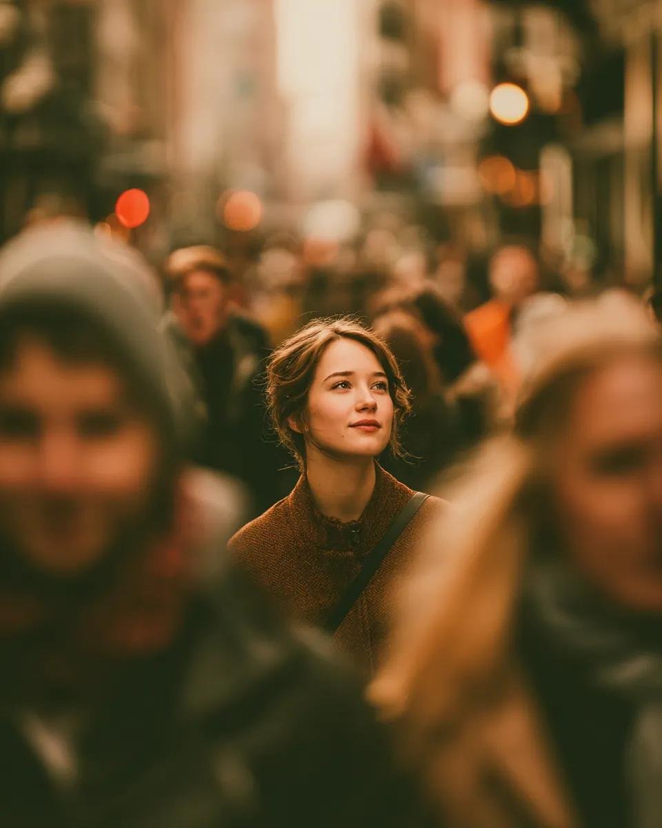 Woman In Bustling Crowd