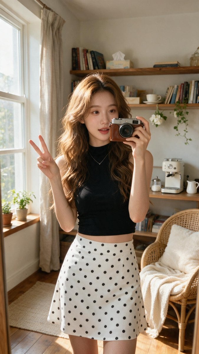 East Asian Woman Taking Mirror Selfie
