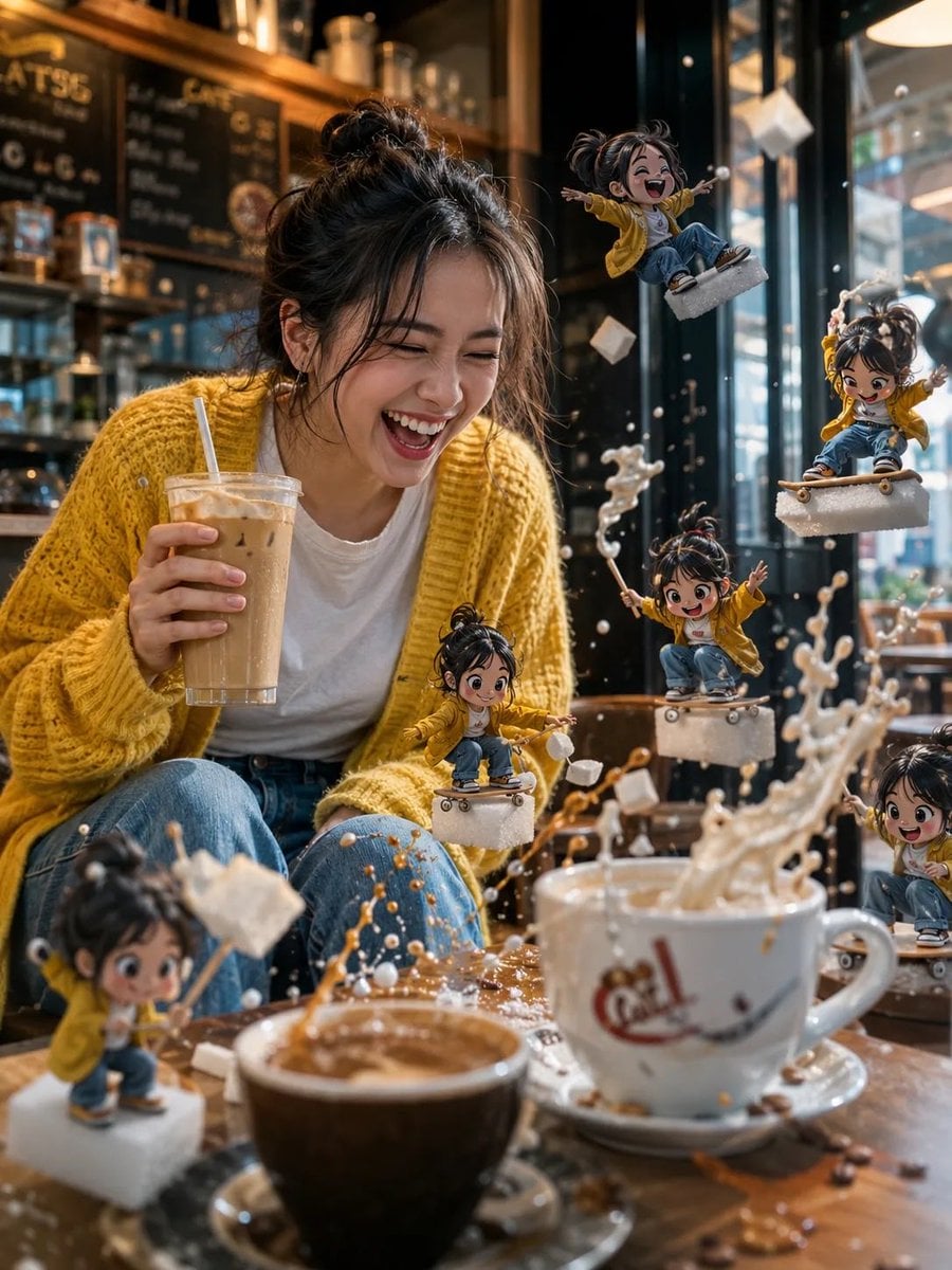 Woman Laughing with Cartoon Selves