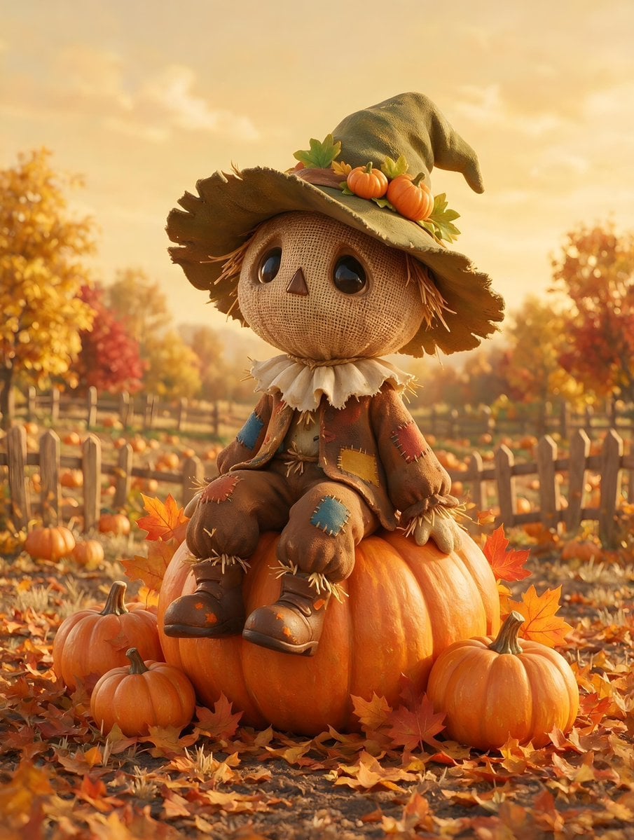 Cute Scarecrow on Pumpkin Illustration