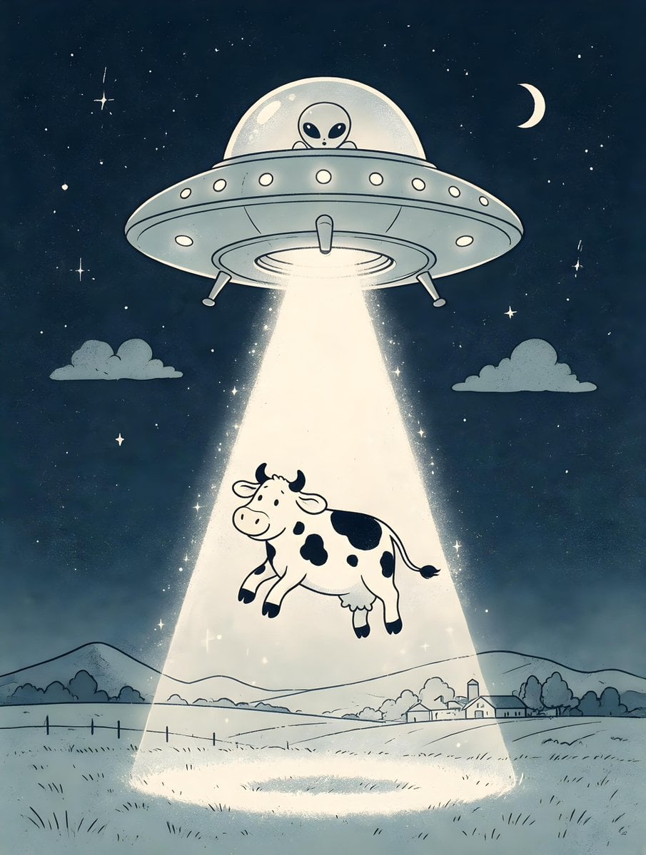 Vintage UFO Abducting Cow Line Art