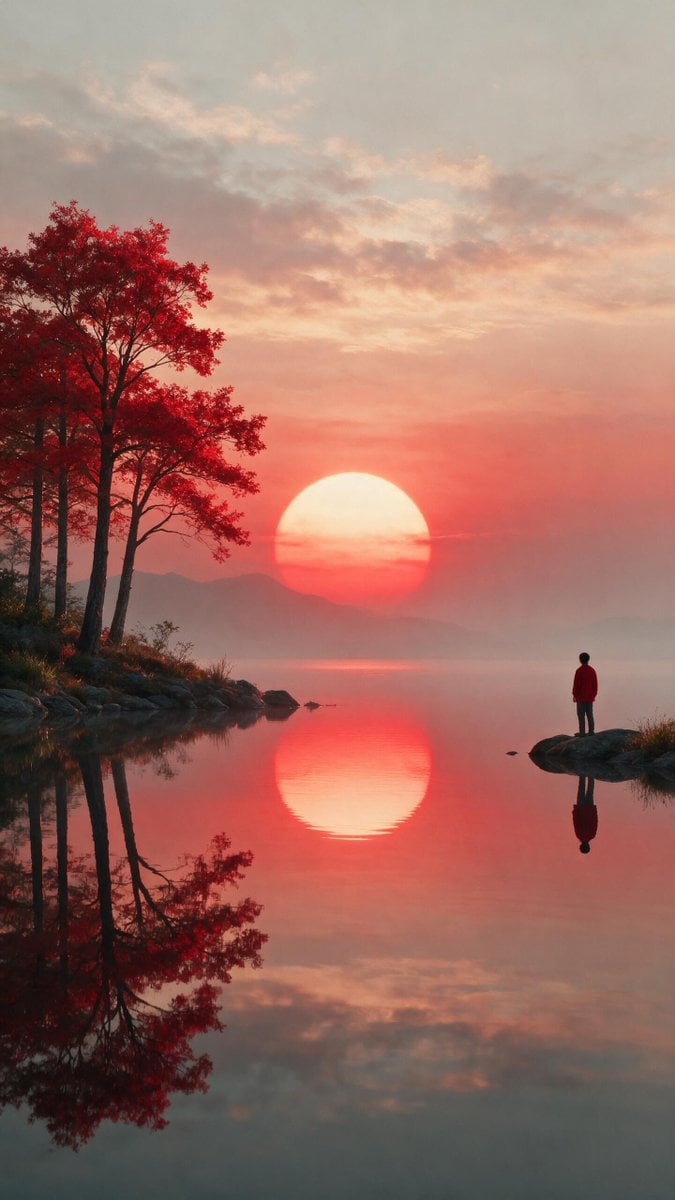 Serene Sunset Landscape with Glowing Sun