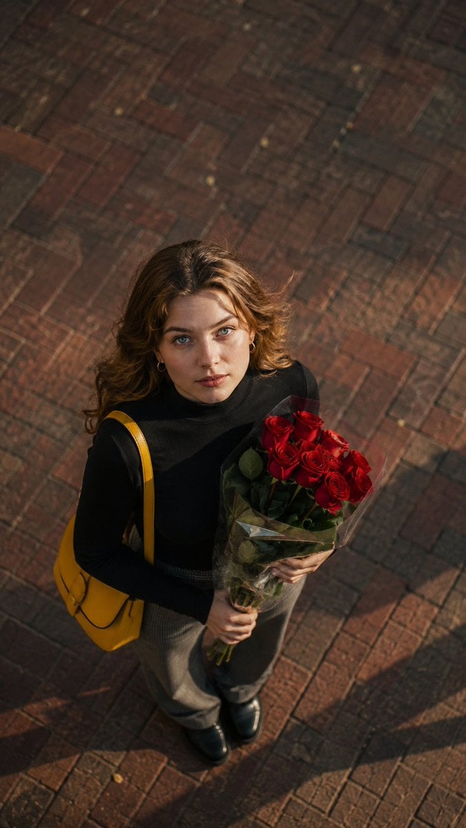 High-Angle View of Woman on Brick Pavement