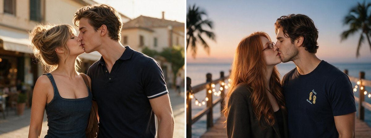 Two AI-generated kiss photos from Atlas Cloud's AI kissing generator, each blending two separate portraits into one couple: a sunlit Italian street and a string-lit pier at dusk.