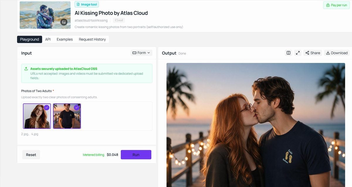 Atlas Cloud AI Kissing Photo playground with two uploaded portraits under Photos of Two Adults and the finished kiss photo of the couple on a string-lit pier in the Output panel.