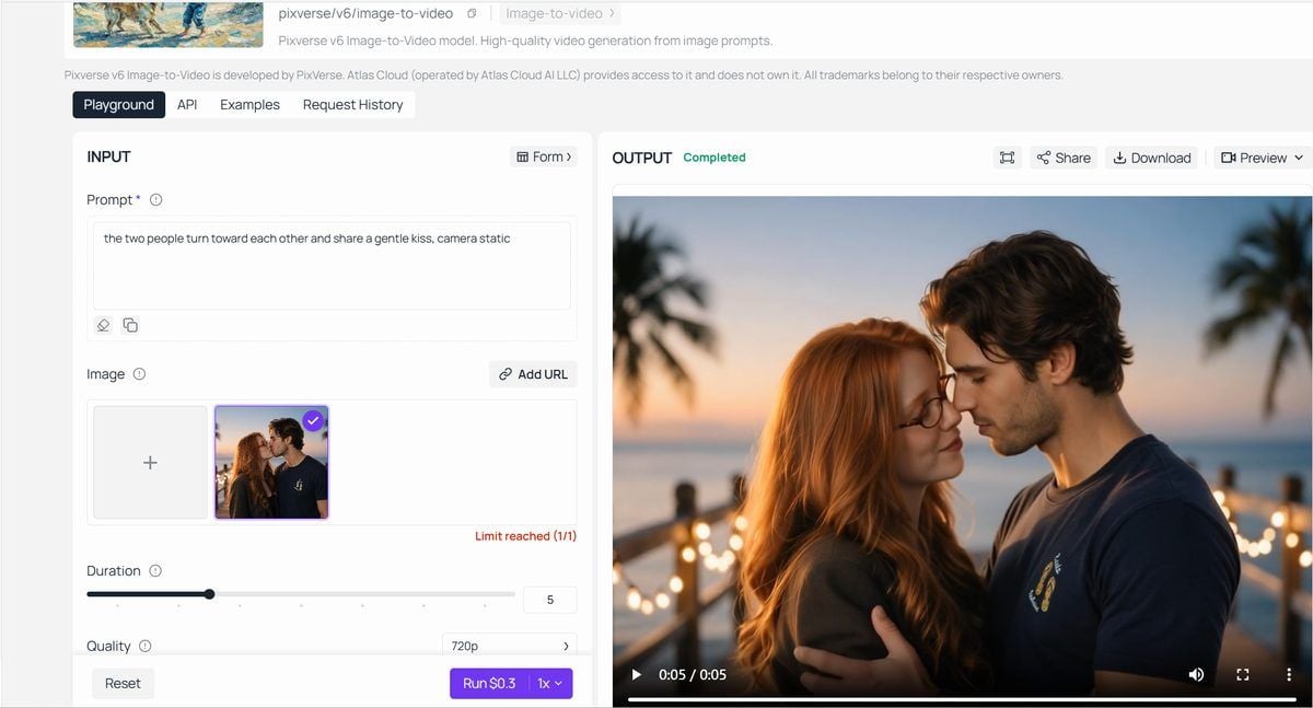 PixVerse V6 image-to-video playground on Atlas Cloud with the kiss photo loaded, the prompt about a gentle kiss with a static camera, 5-second duration at 720p, and the completed 5-second video in the output player.