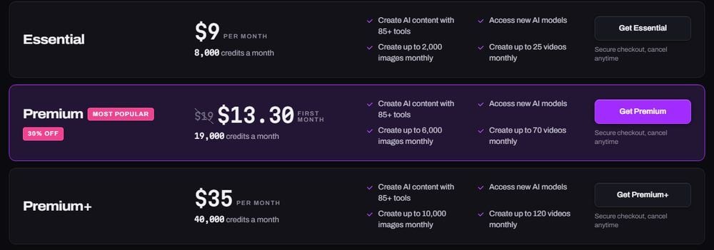MagicShot AI pricing page showing the Essential plan at $9 a month with 8,000 credits, up to 2,000 images and 25 videos, beside the Premium and Premium+ tiers.