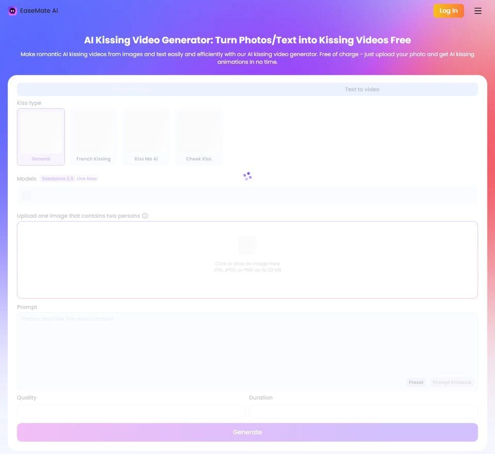 EaseMate AI kissing video generator widget with four kiss types, a Seedance 2.5 model tag, and a single upload field asking for one image that contains two persons.