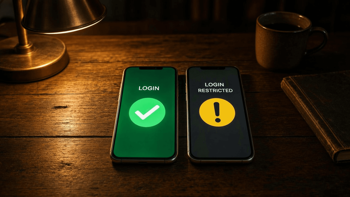 Two smartphones side by side showing green login success on left and warning icon on right representing PixVerse multi-account restrictions