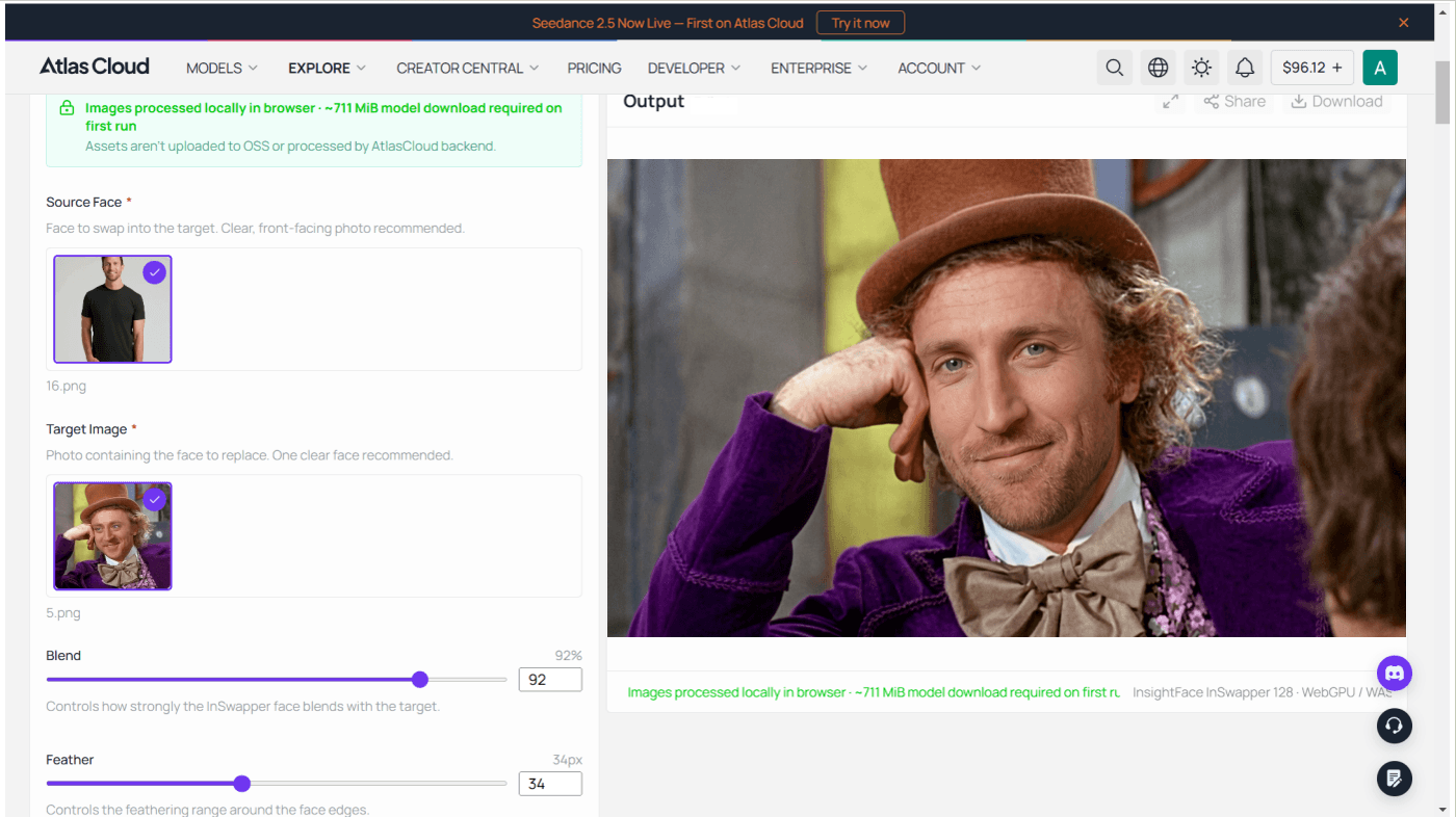 Atlas Cloud free AI face swap tool rerunning this article's Wonka test pair at no cost, with the Blend and Feather sliders visible next to the result.
