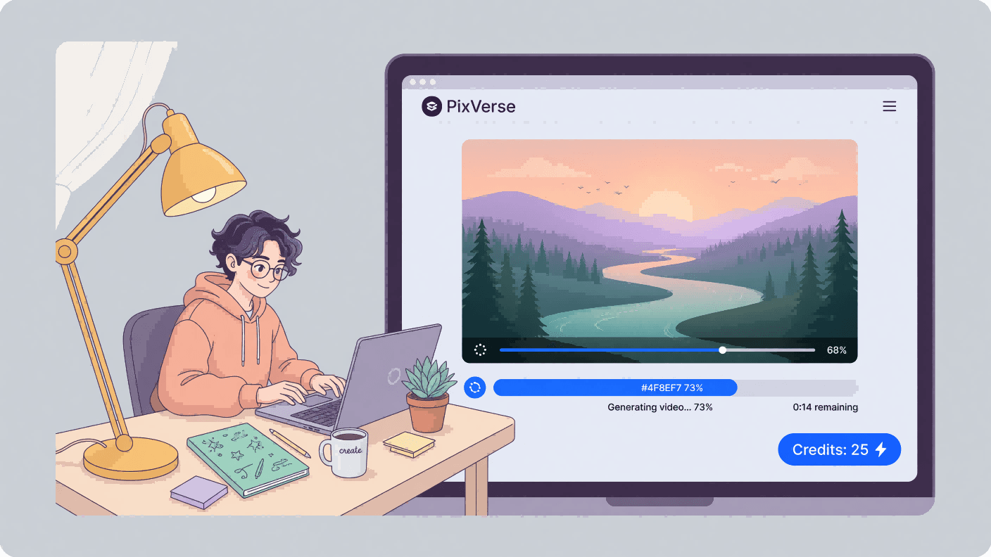 PixVerse AI 在笔记本电脑上免费生成视频,显示每段视频消耗积分的计数器