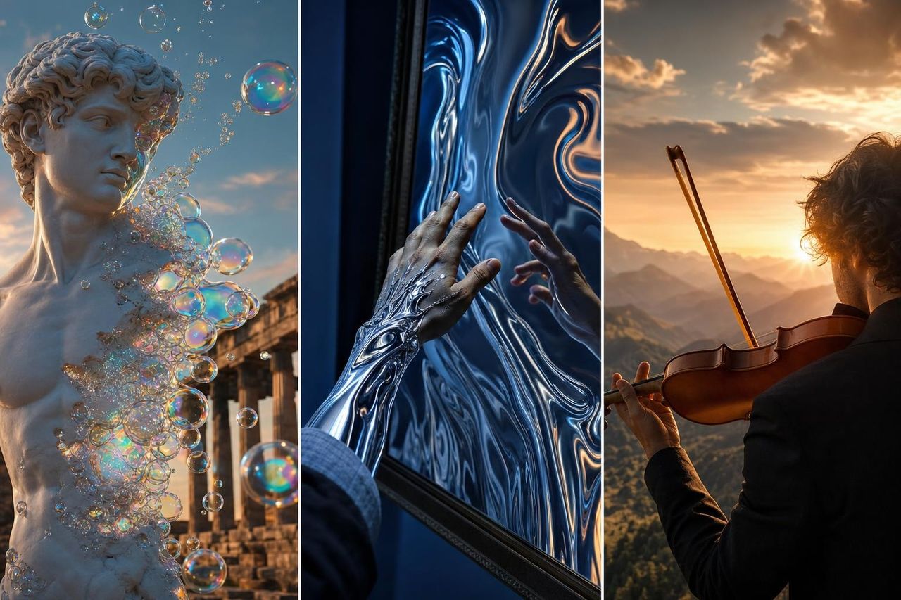 Three viral Gemini Omni demos: bubble sculpture, liquid mirror, and violinist shoulder-cam angle edits.jpg
