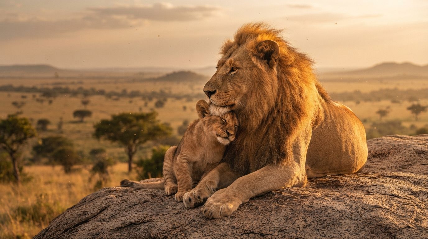 Lion cub nuzzling male lion on sunlit savanna rock at golden hour, cinematic wildlife style