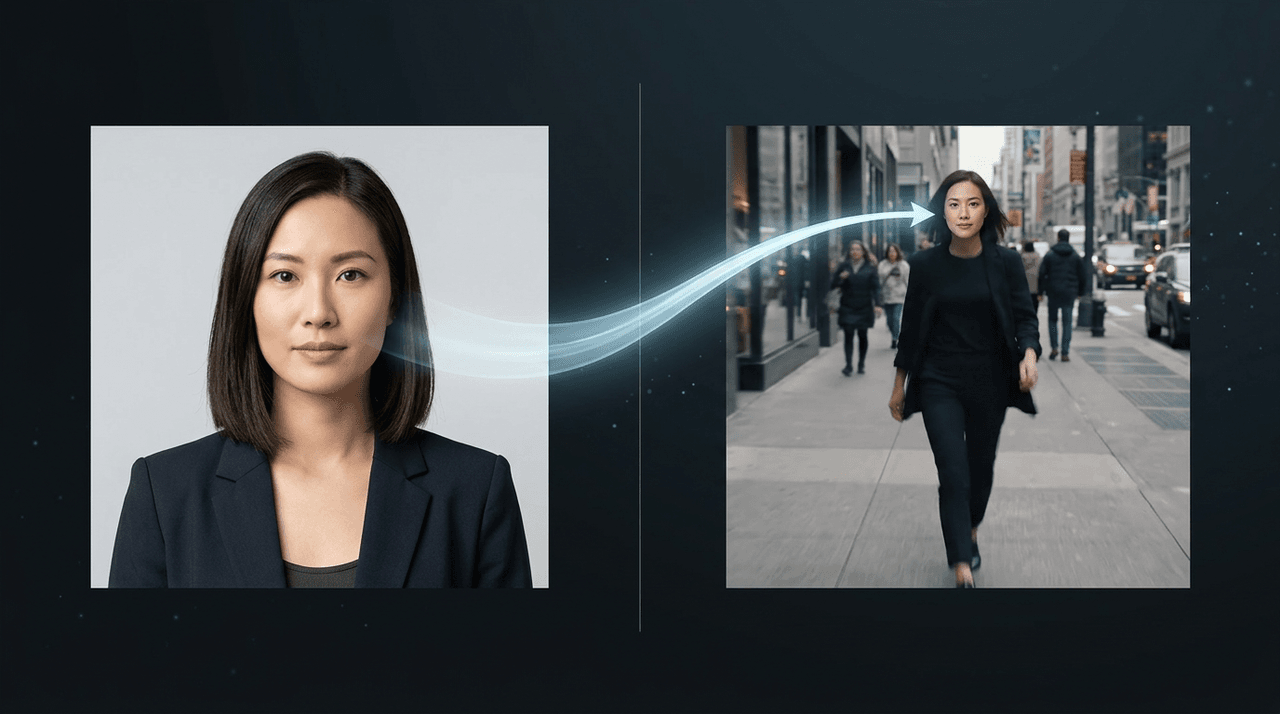 Split-screen illustration showing PixVerse Face Swap workflow from reference portrait photo on left to swapped face on moving video subject on right