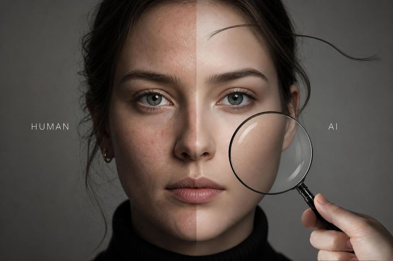 Half-human half-AI portrait illustrating Gemini Omni uncanny valley and deepfake detection challenge.jpg