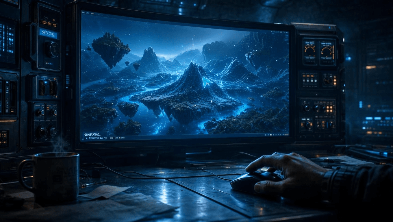 Dark control room monitor showing continuously shifting AI-generated landscape with live cursor icon and cool blue ambient lighting representing PixVerse R1 real-time world model